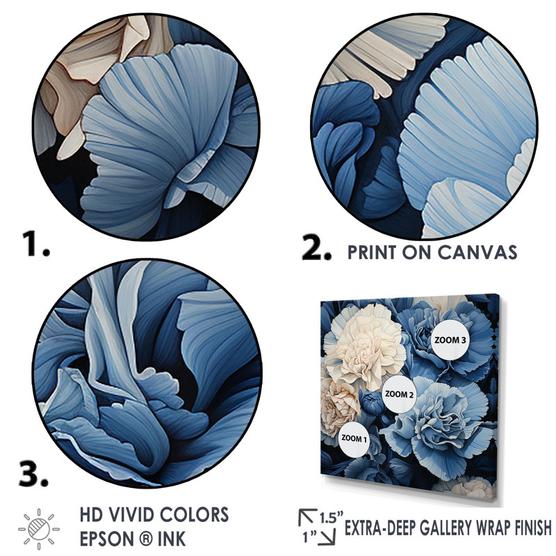 Arrangement mural œillets blancs et bleus VI - œillets, H 30 po x l 30 po x P 1 po, Cadre flottant noir