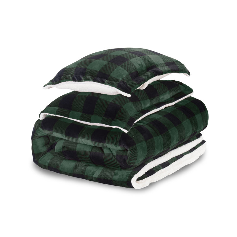 Ensemble d'édredon réversible en duvet synthétique et microsuède 3 pièces, Édredon simple + 2 taies décoratives, Vert