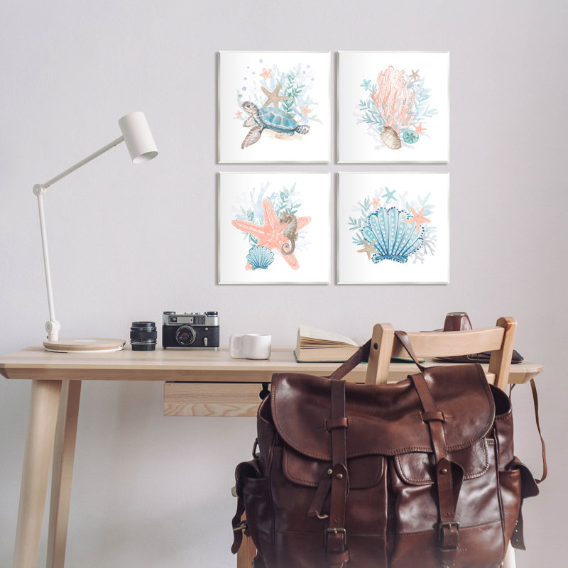 «Sea Life Nautical Coral Reef», ensemble de 4 plaques murales par Lanie Loreth, Bois, H 12 po x l 12 po x P 0,5 po