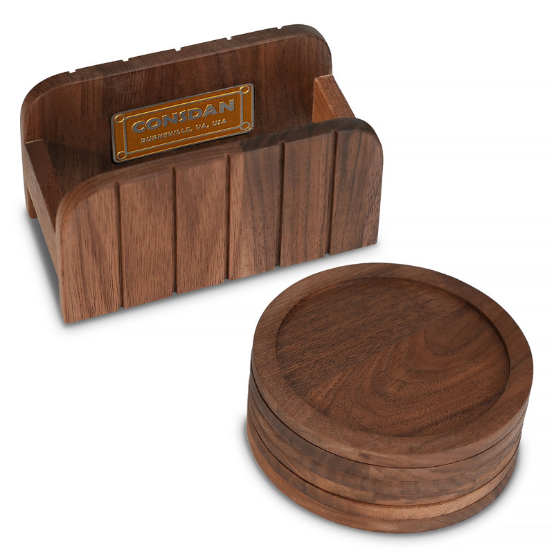 Walnut 4-3/4" Hardwood Coaster Set with Holder