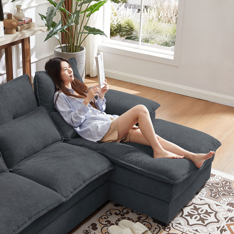 Canapé à double couche en forme de U 109,84 po avec coussins décoratifs, Tissu gris
