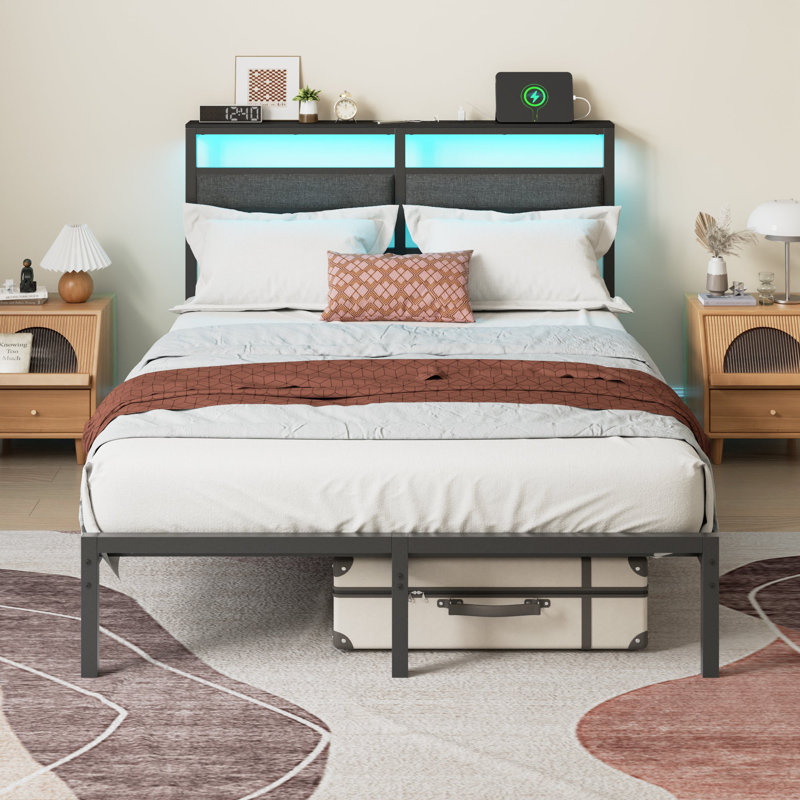Full Size Metal Bed Frame with Upholstered Headboard, LED Lights & Charging Station, Ample Storage, No Box Spring Required