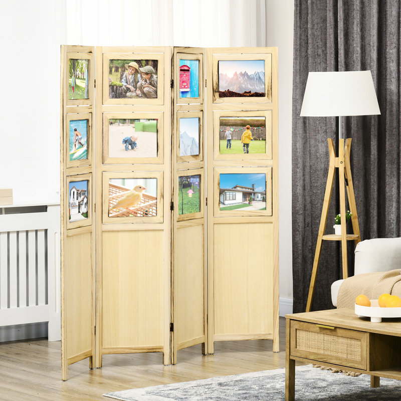 Écran d'intimité à 4 panneaux - Cloison pliante portative d'intérieur en bois de 5,6 pi avec cadres photo pour salon, mur de maison naturelle,