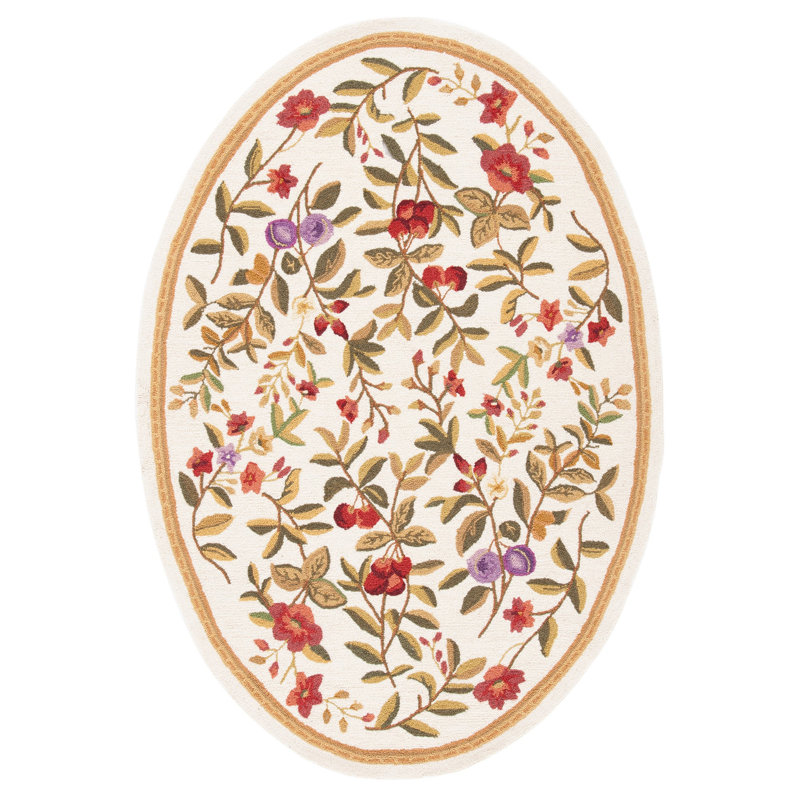 Kinchen Hand Hooked Wool Pile Floral Rug, Oval 4'6" x 6'6"
