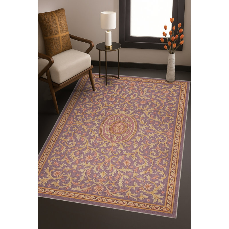Tapis mauve à motif floral lavable Mosso, 3'3" x 4'11"