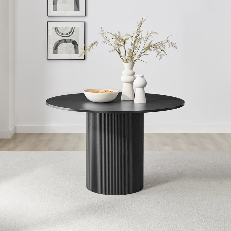 Penny Pillar Round Dining Table - Melamine Scratch Resistant Veneer Top, Black Top/Black Base