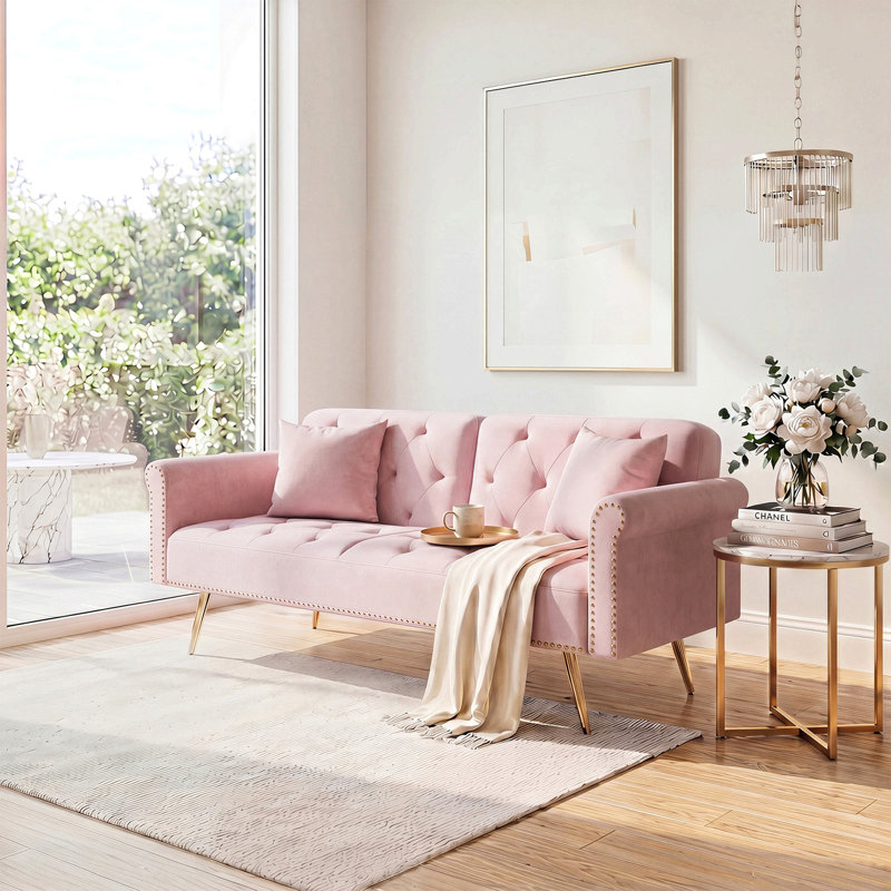 Canapé-lit convertible 69,7 po en velours rose ultra doux, garniture cloutée et coussin décoratif assorti