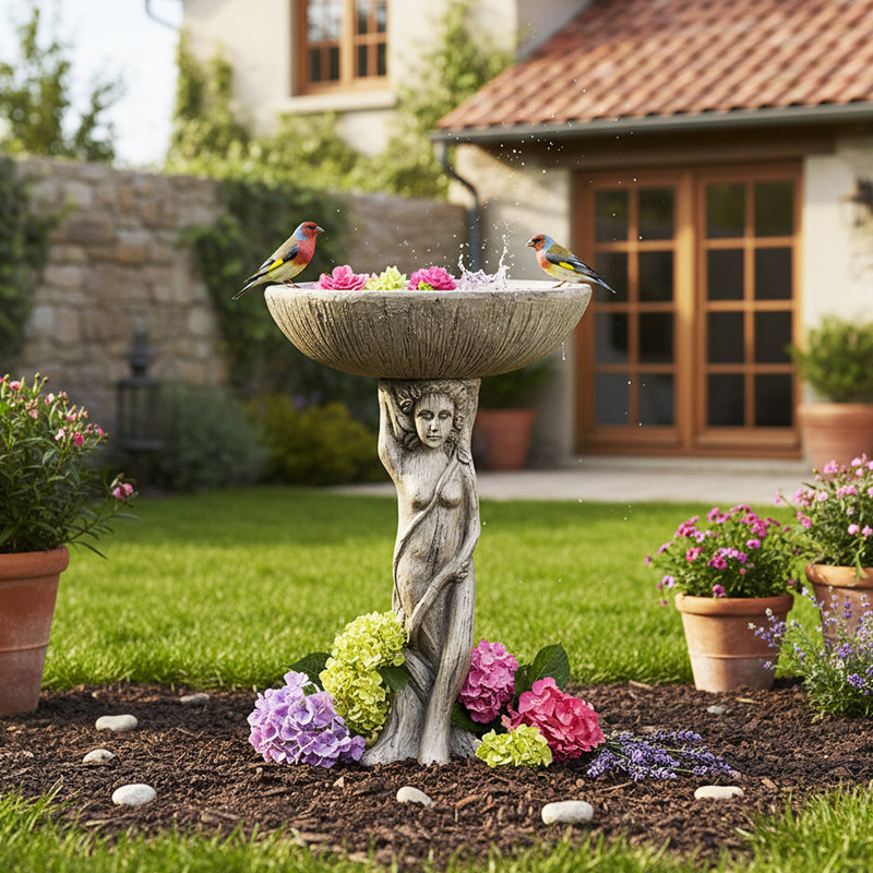 Élégant bain d'oiseaux de 25 po pour l'extérieur, bain d'oiseaux en béton sur piédestal, bol d'eau décoratif pour la cour de jardin