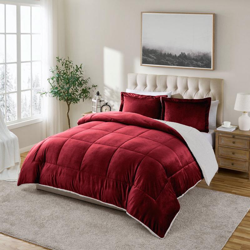 Ensemble d'édredon réversible en micro-vison et sherpa 3 pièces Swift Home, Édredon grand + 2 taies décoratives, Bourgogne