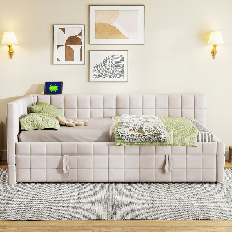 Full Size Upholstered L-Shaped Upholstered Daybed With Twinsize Pop Up Trundle And USB Ports, Beige