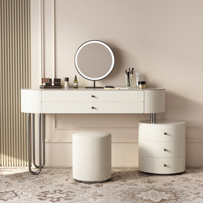 Ensemble de coiffeuse Jahnea-Elegant: table de coiffeuse et tabouret à finition ardoise en cuir Saddle, support en acier inoxydable, installation réversible et miroir à DEL à intensité variable