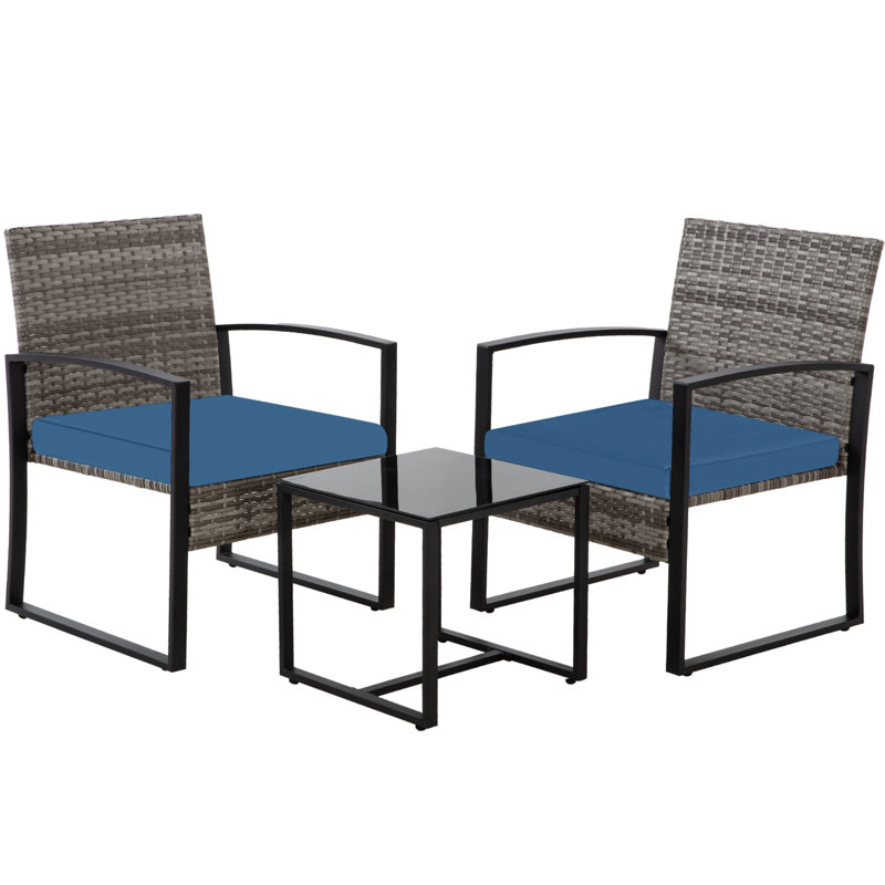 3 Piece Outdoor Patio Convensation Set, All-Weather Rattan Balcony Furniture Set, Gray, Blue