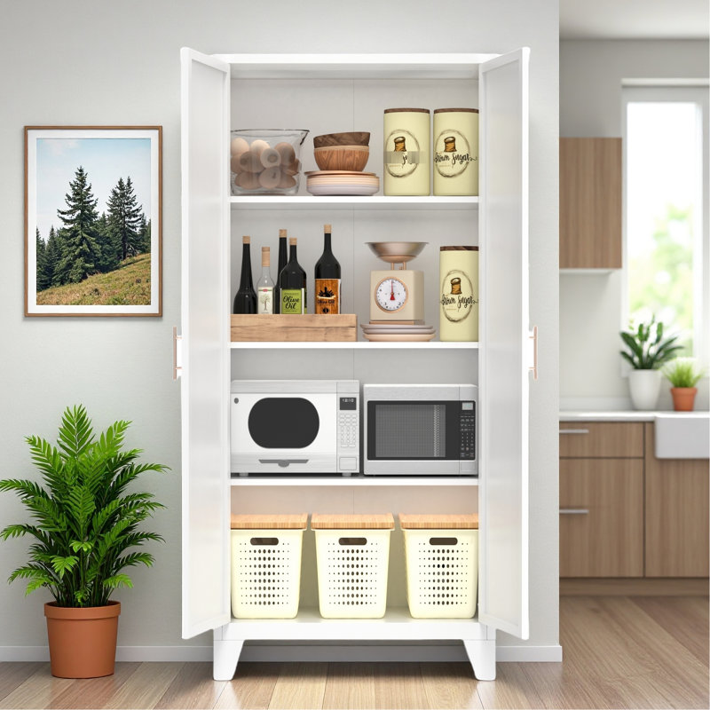 Armoire de rangement en métal de 61 po avec 2 portes galbées et tablettes réglables de couleur blanche pour le couloir, la chambre à coucher de la cuisine - construction en acier, la chambre à coucher à faible consommation d'espace, le matériel de bureau,