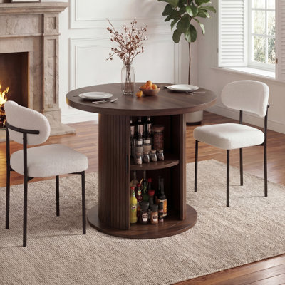 31.5" Round Dining Table For 2, Modern Fluted Circle Table With 2-Layer Storage And Sliding Door, Farmhouse Dinner Table For Kitchen, Living Room