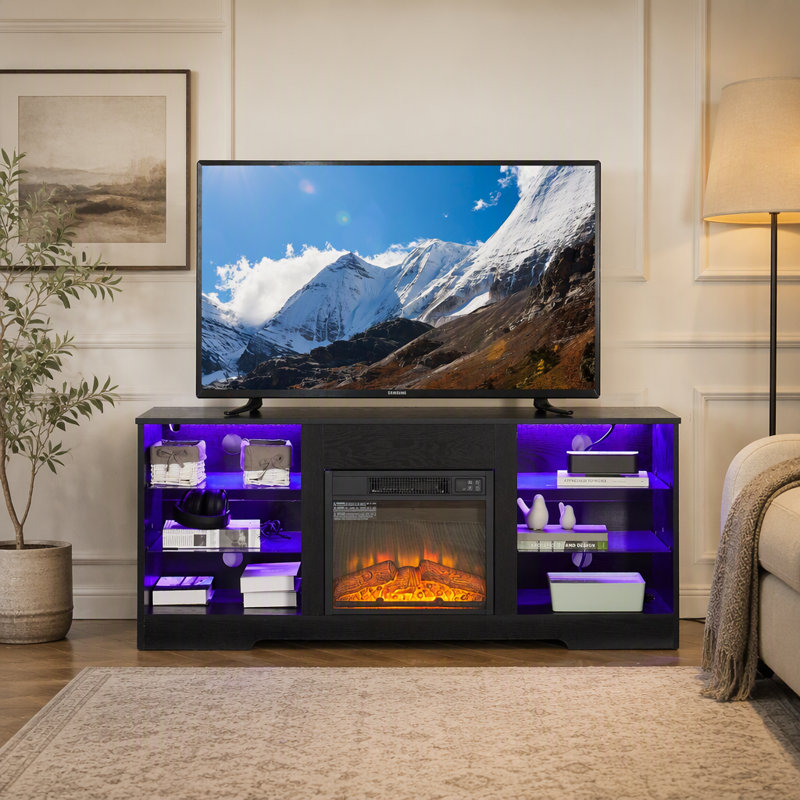 Meuble télé moderne avec foyer électrique, étagères en verre ajustables et ports de chargement intégrés pour salons