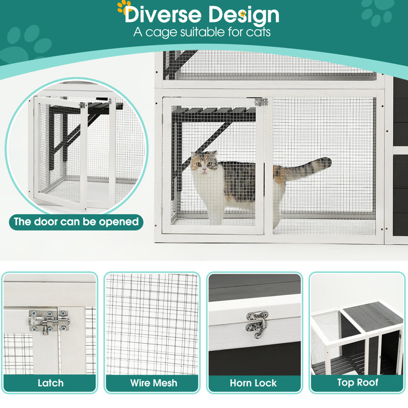 3 niches pour chat en bois gris avec 2 portes et 4 plateformes - pour 1 à 3 portes d'extérieur pour animaux de compagnie, couleur chat