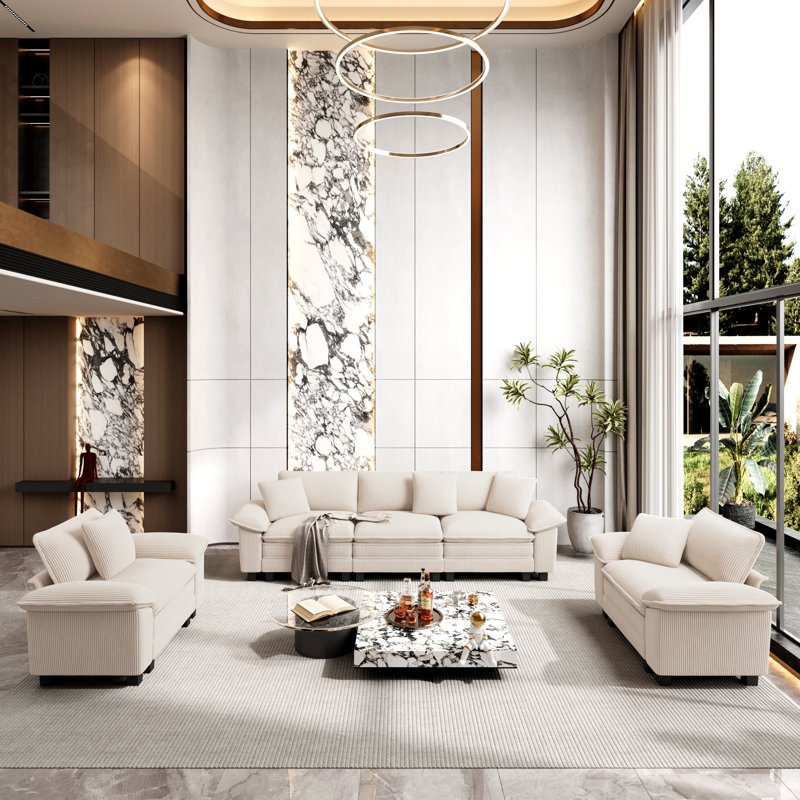 5 - Piece Living Room Set, Beige Corduroy