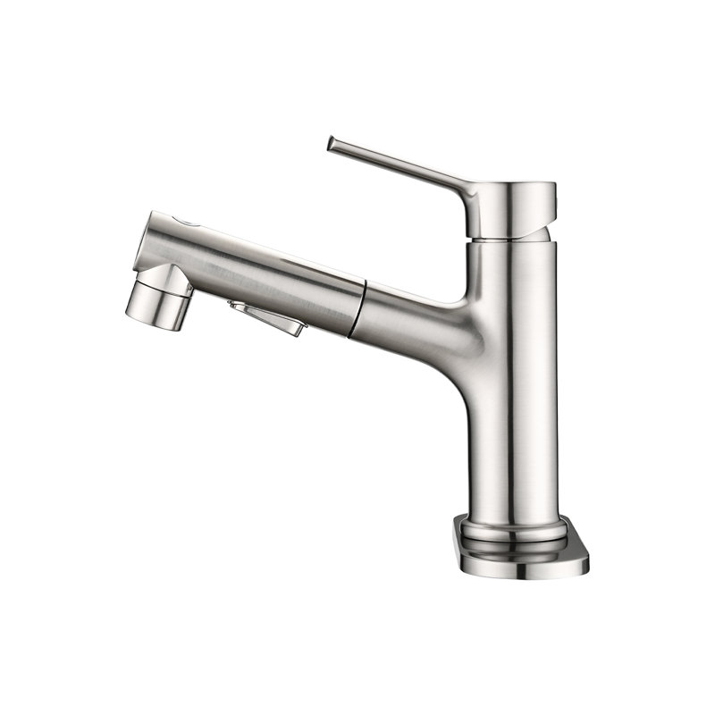 Brushed Nickel Bathroom Sink Tap, Pull Out , Single Handle, Contemporary Style With Pop-Up Drain & Deck Plate Faucet In Nickel, Pull-Out Design And
