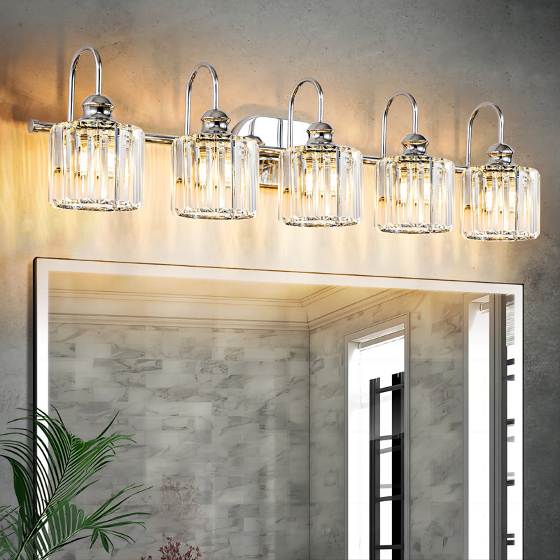 Gjystina 3-Light Dimmable Gold-Black/Chrome Crystal Vanity Light, Silver, 5 Lights
