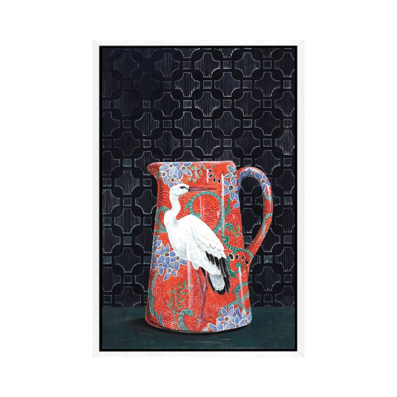 Red Pitcher With Stork by Miri Eshet - Print on Canvas, 101.6 cm H x 66.04 cm W, White Framed