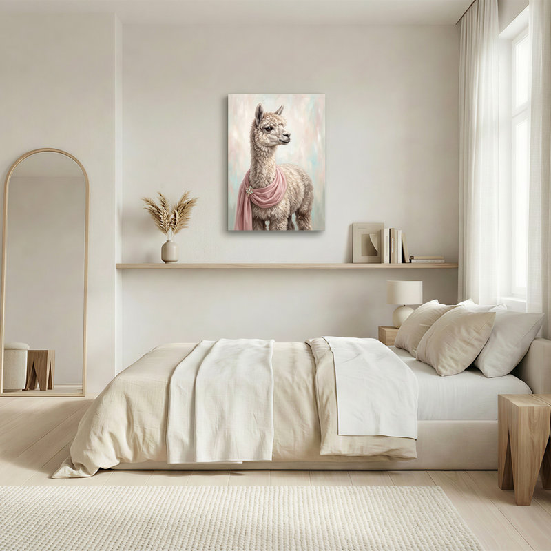 Art mural en toile alpaga blanc avec écharpe rose et broche ornée de bijoux, H 24 po x l 18 po