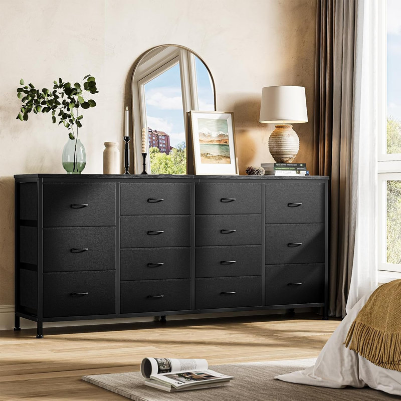 63" W Drawer Dresser, Chest Of Drawers, 14 Drawer For Bedroom With Power Outlets, Black