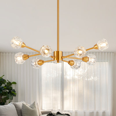  Lustre moderne Spoutnik 9 lumières avec abat-jour en cristal pour salle à manger ou salon