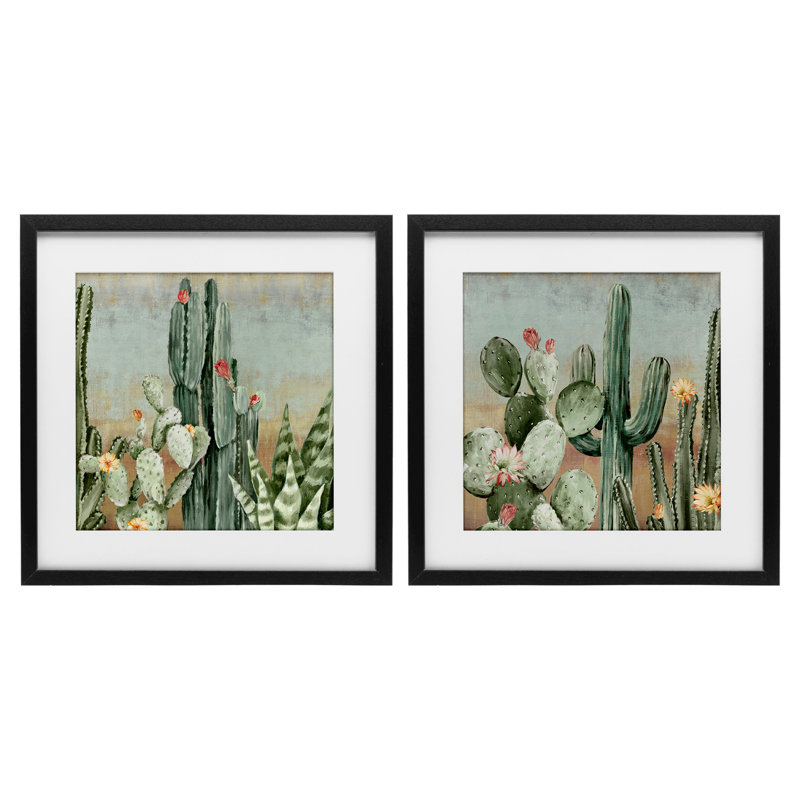 «Cactus Blooms parmi les épines», ensemble de 2 impressions sous verre encadrées, design par Luna Mavis, H 16 po x l 16 po