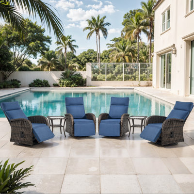 Patio Recliner Swivel Chair With Adjustable Backrest & Footrest, All-Weather Outdoor Chaise Lounge Chair Set Of 4 With 2 Side Table