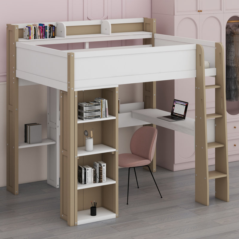 Wood Loft Bed With Built-In Storage Shelves, Clothes Rails And Desk, White/Natural
