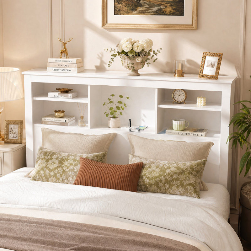 Tête de lit bibliothèque Queen de 165 cm de large avec éclairage DEL, 5 tablettes de rangement et station de recharge