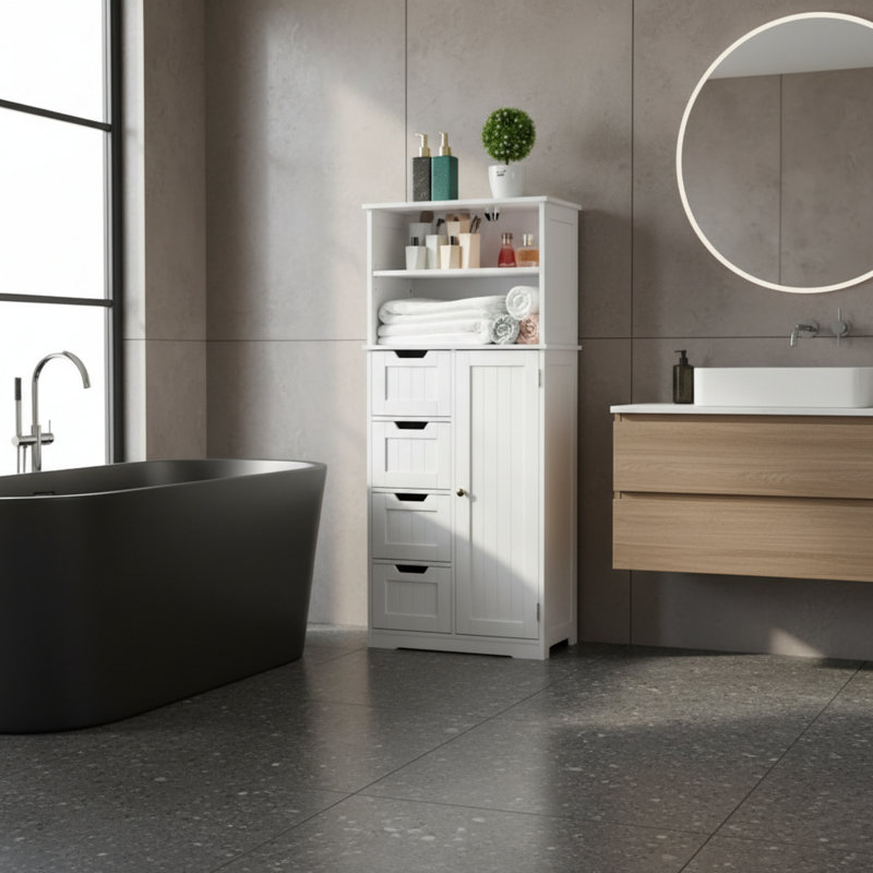 Meuble-lavabo blanc avec 4 tiroirs, 1 armoire et 2 tablettes réglables; Convient à divers espaces.
