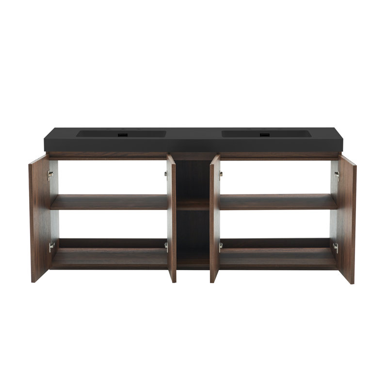 Meuble-lavabo de salle de bain moderne double avec armoire de rangement, plateau en quartz et tablettes réglables, Noyer brun