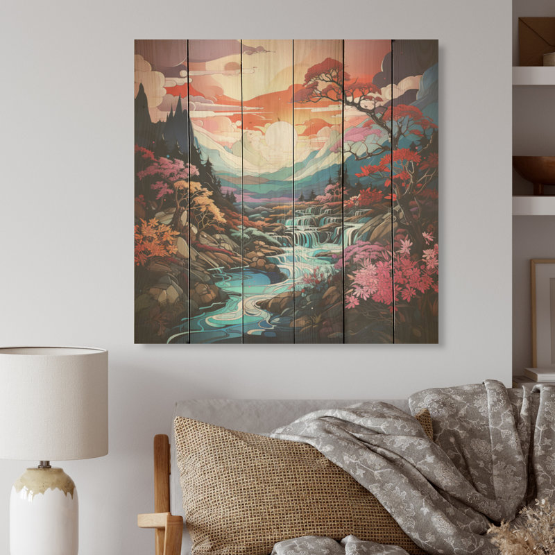 Art de montagne sur bois de pin naturel, H 25 po x l 25 po