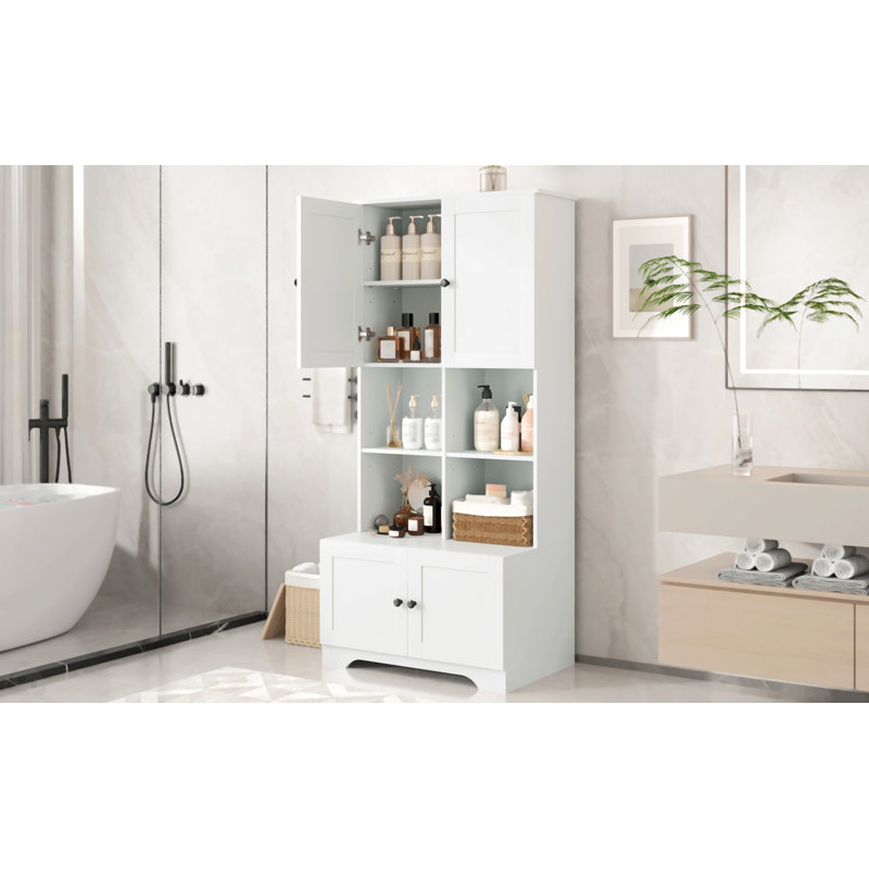 Tall & Wide Freestanding Bathroom Floor Cabinet | 4 Doors, Adjustable Shelves & Open Multi-Layer Shelves | Spacious Storage Unit for Toiletries, Towels & Essentials | Ideal for Humid Bathroom Environments