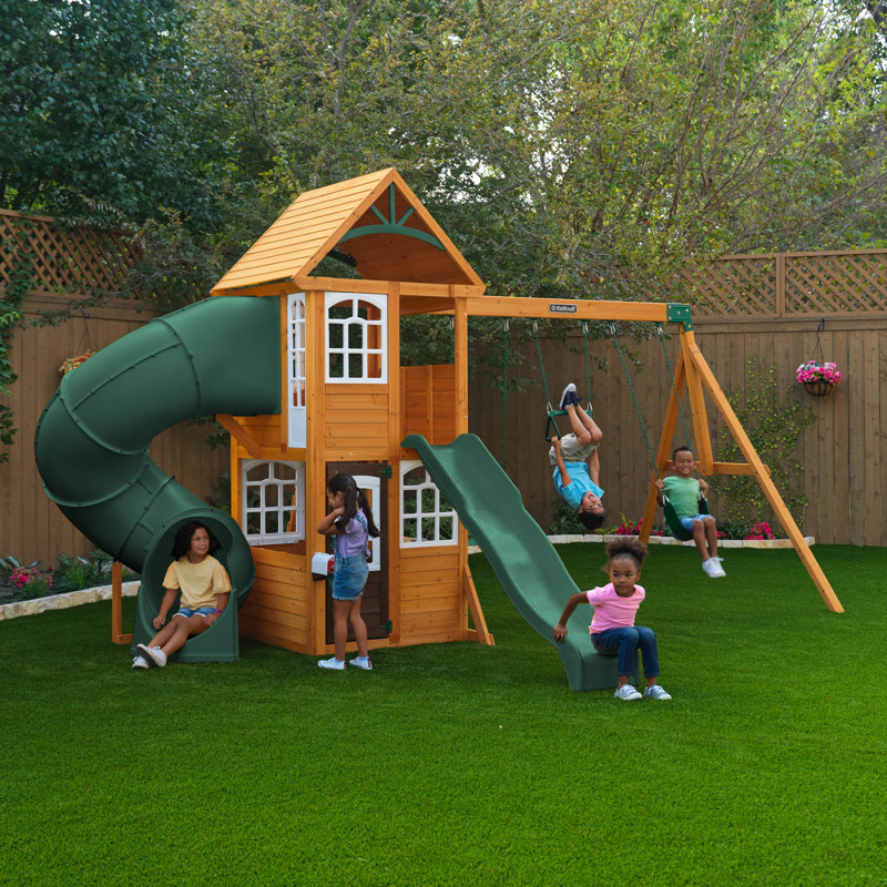 Castlewood Wooden Swing Set, Green Slide, Green