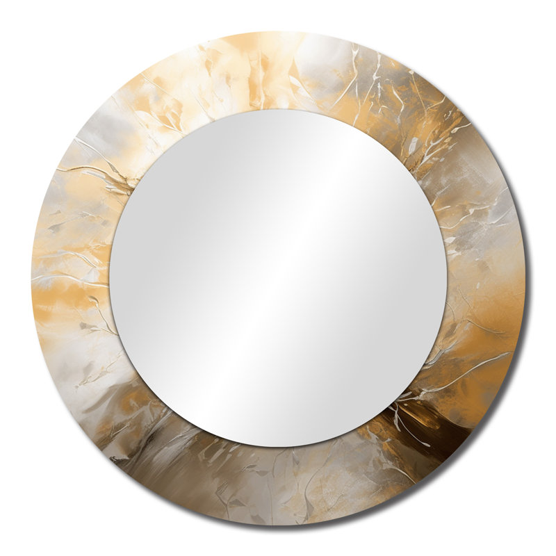 Or et argent chromatique Essence I - grand miroir mural abstrait, miroir décoratif rond moderne, impression d'art en métal