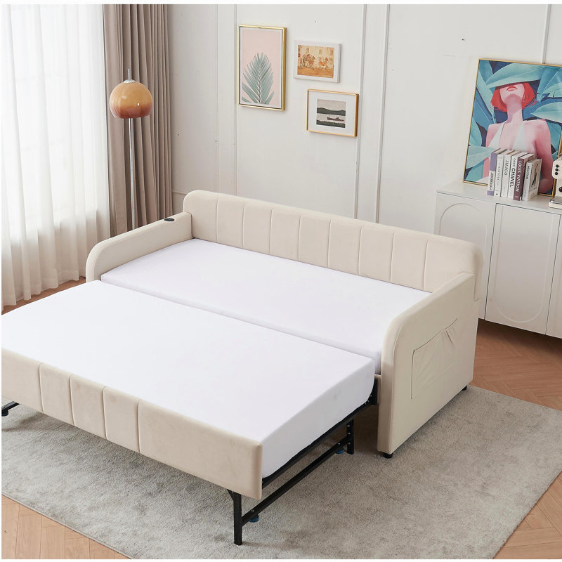 Structure de lit de jour simple rembourré avec lit gigogne, canapé-lit simple pour chambre à coucher, soutien, lattes de bois, beige