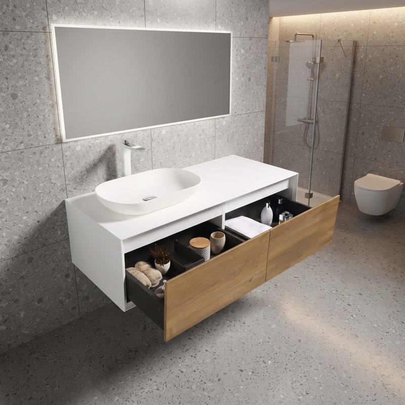 Meuble-lavabo suspendu moderne bicolore 122 cm (48 po) | Lavabo ovale à poser en surface solide | Tiroir à fermeture en douceur avec découpe en U | Blanc et chêne