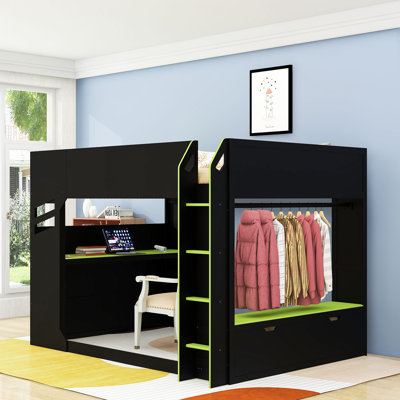 Lit mezzanine double en bois double avec bureau, bande lumineuse et ports USB