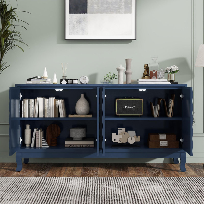 Elegant Sideboard Featuring Sophisticated Wavy Pattern Doors with Arched Groove Design in a Stylish Four-Door Layout,Adjustable, Suitable for Study, Entryway and Living Room