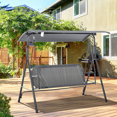 Balancelle pour 3 personnes, structure en acier gris, auvent réglable pour bloquer et éblouir, chaise de patio confortable, capacité de 3, auvent de parasol inclinable,