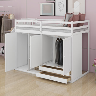 Lit mezzanine avec tablettes, armoires et tiroirs