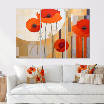 Bold Orange Cubic Flowers - Geometric Canvas Wall Art Set