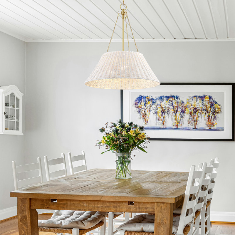 3-Light Modern Coastal Hand-Woven Rattan Pendant Chandelier, White