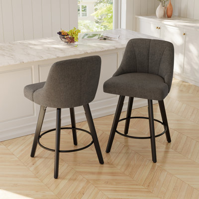 Ensemble de 2 tabourets de bar pivotants, tabourets de bar à hauteur de comptoir avec dossier, tabourets d'îlot de cuisine en tissu de lin, pivotant à 360 °, pieds en bois d'hévéa, siège à coussin épais, pour salle à manger grise