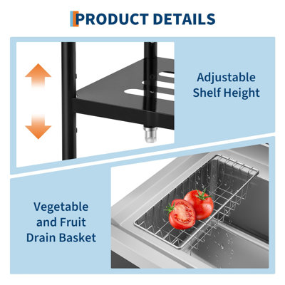 36" Freestanding Stainless Steel Utility Sink, Commercial Single Bowl Prep Sink, Storage Shelf & Adjustable Legs