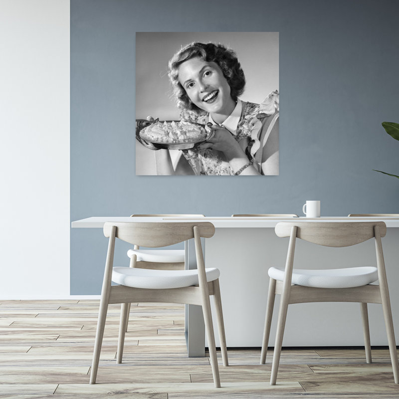 1950S Smiling Woman Presenting Holding Freshly Baked Pie Classic Retro Vintage Portrait Architecture Wall Art