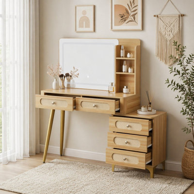 Coiffeuse 47 po avec miroir et lumières et tiroirs en rotin