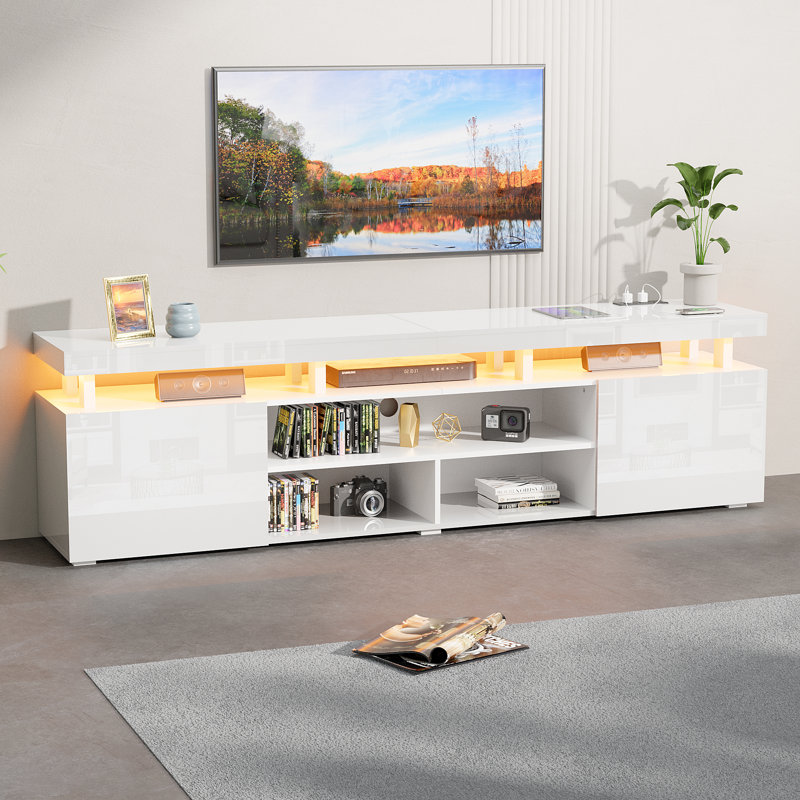 Meuble télé à DEL pour téléviseur, centre de divertissement moderne avec prise de courant, console multimédia pour téléviseur à DEL avec grand meuble de rangement
